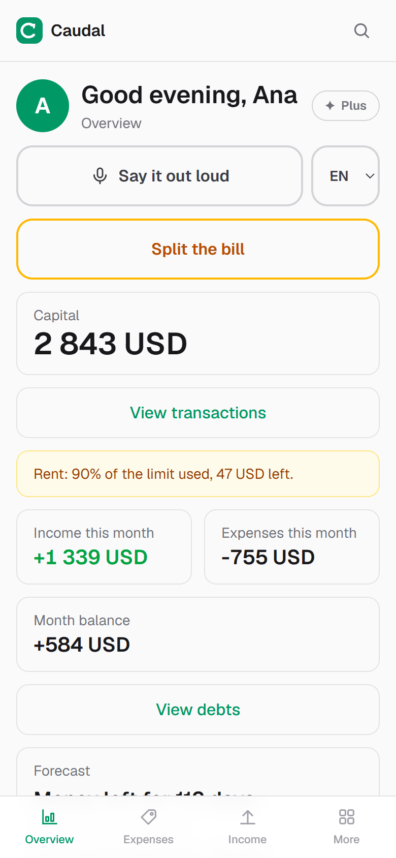 Capital and the month in full, cash included — which the bank cannot see