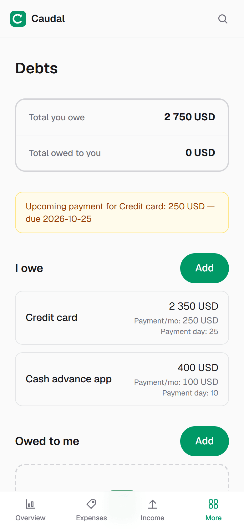 A cash advance next to a credit card, with payment and date