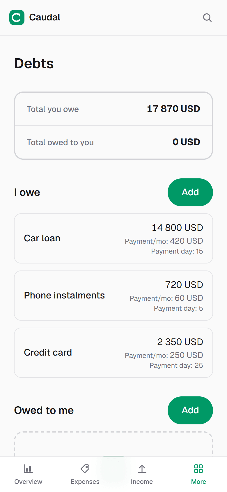 Each debt with its fixed payment and due date