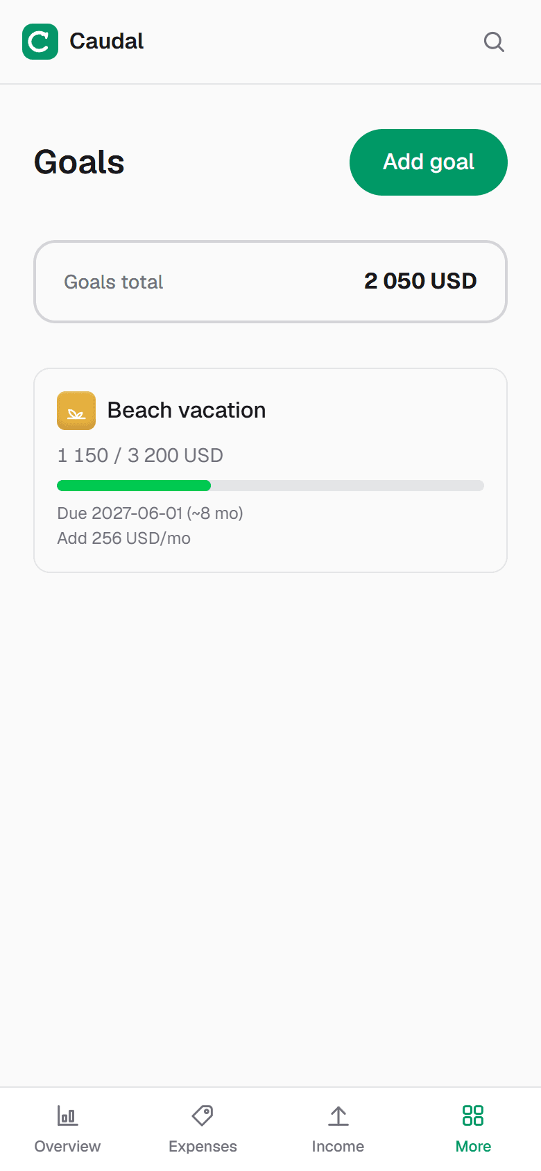 The «Vacation» goal: saved, date and how much to add