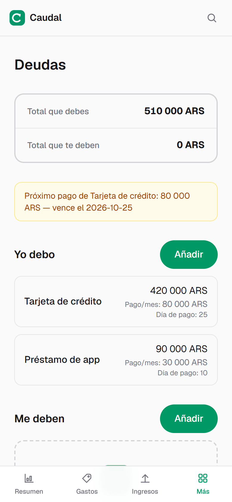 Un préstamo de app junto a la tarjeta, con su pago y su fecha