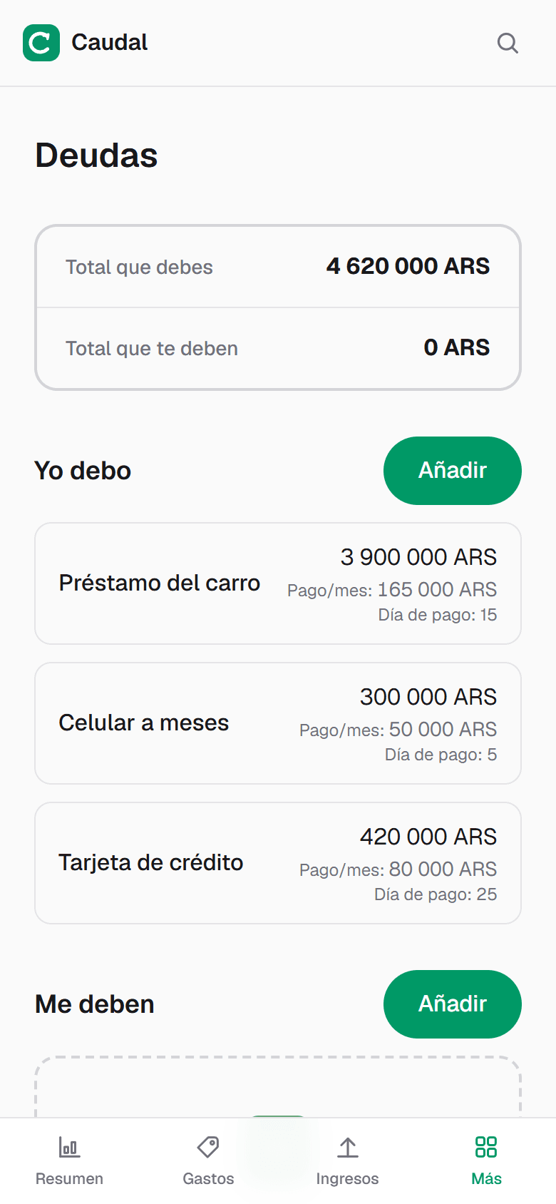 Deudas con pago mensual y día de pago