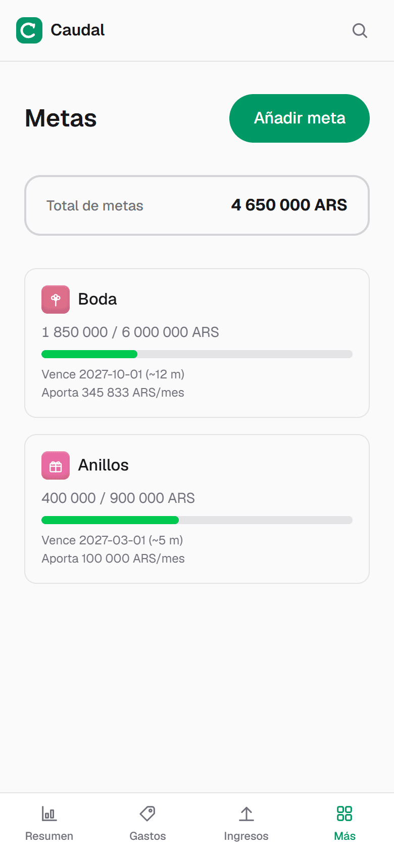 Metas «Boda» y «Anillos»: ahorrado, fecha y aporte al mes