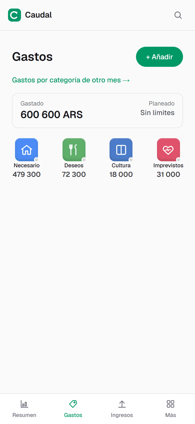 Las cuatro categorías del kakeibo en la app