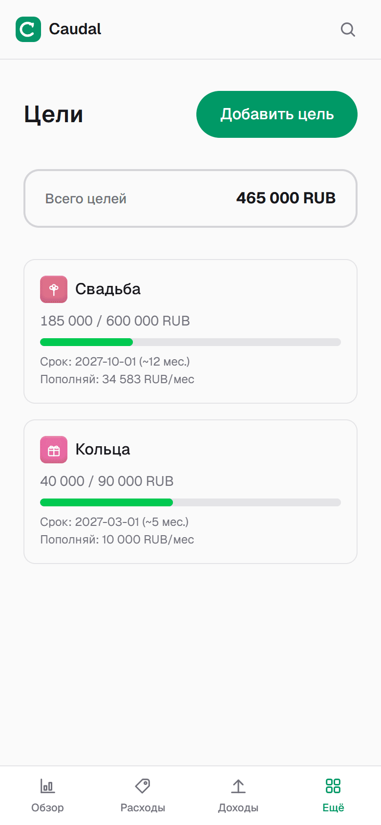 Цели «Свадьба» и «Кольца»: накоплено, срок и взнос в месяц
