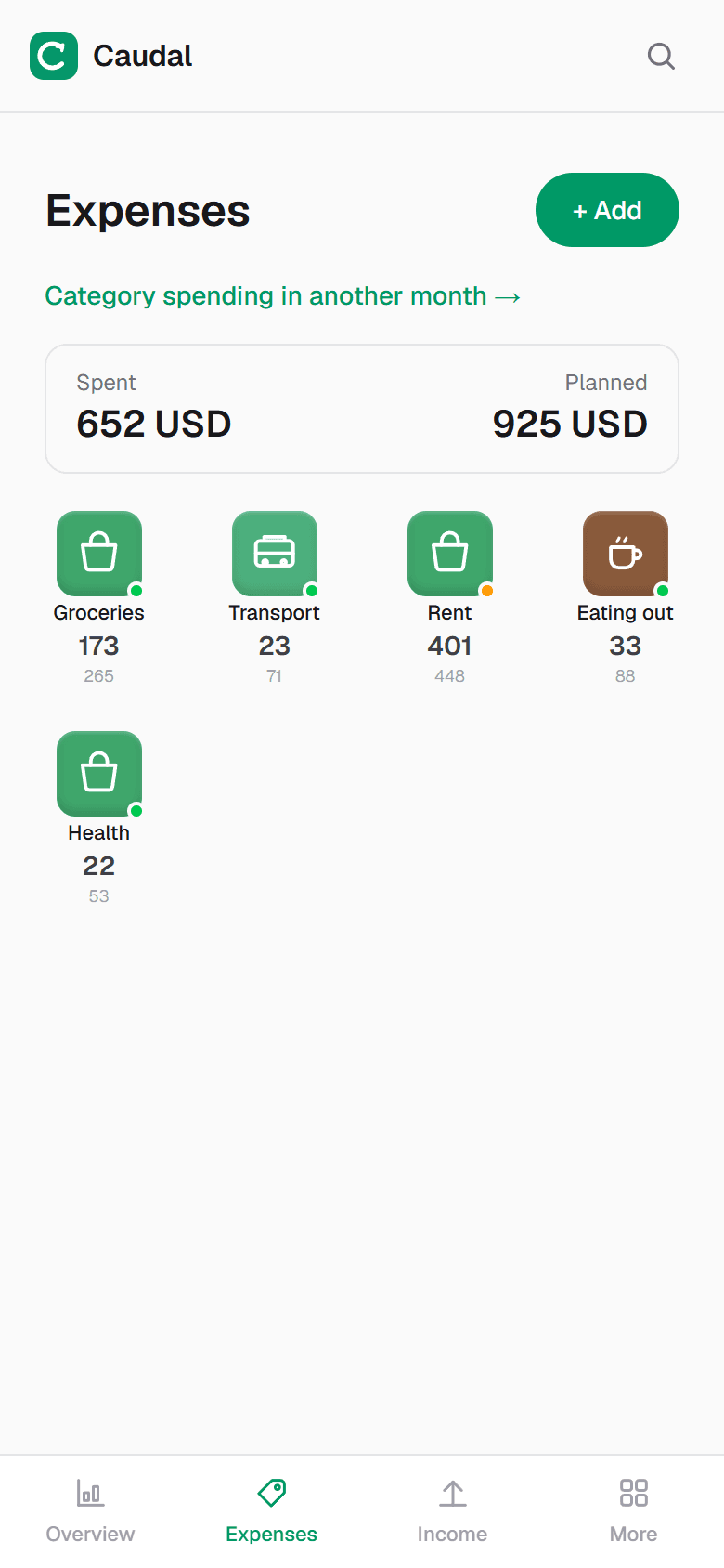 Recording a spend: one tap on the category and the amount